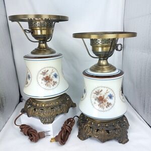 (2) Vtg 1973 Quoizel Abigail Adams 3 Way Floral Hurricane Parlor Lamp No Shade
